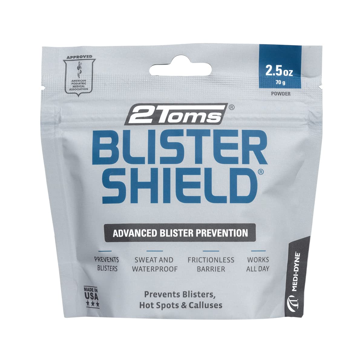 2Toms BlisterShield, Advanced Waterproof Blister Prevention Powder, Friction Free Protection for Feet, Hot Spots, and Calluses, 