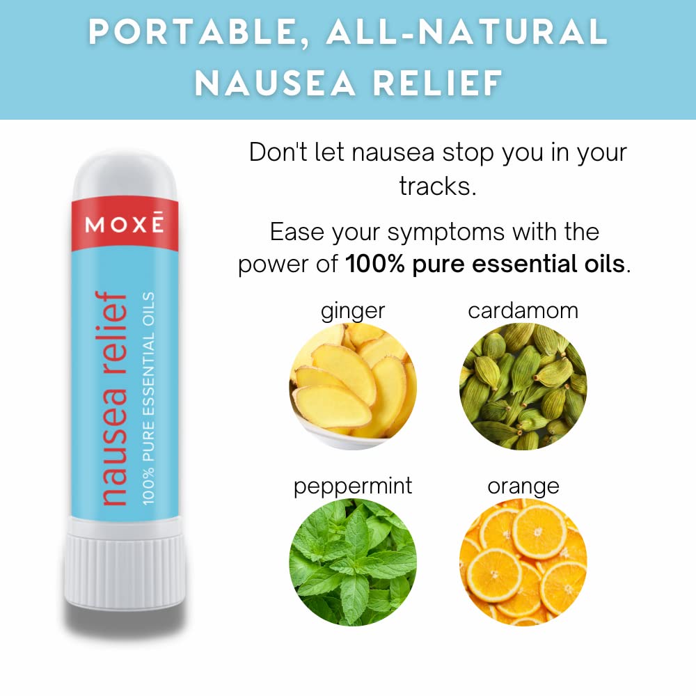 MOXE Nausea Nasal Inhaler Sticks, All Natural Essential Oil Blend, Ginger, Cardamom, Peppermint, Sweet Orange, Upset Stomach, He