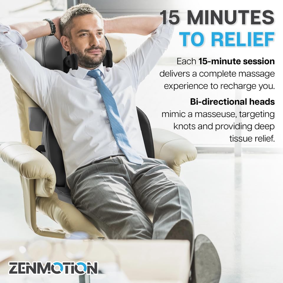 ZENMOTION Full Back Massager with Heat-Shiatsu Massage Chair Pad - 12-Point Shiatsu Back Massager for Chair with Height Adjustab