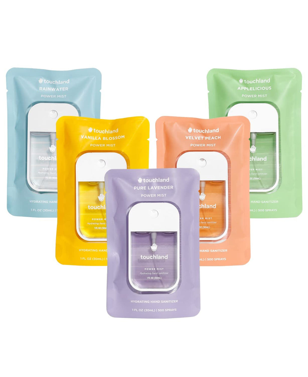 Touchland Power Mist Hydrating Hand Sanitizer Spray, BLOSSOM 5 Set (Lavender, Vanilla, Rainwater, Peach, Applelicious), 1 FL. OZ