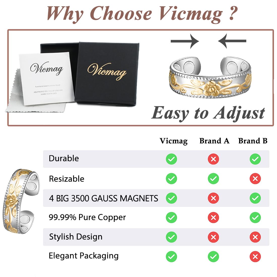 Vicmag Copper Magnetic Rings for Women 99.9% Copper Finger Ring Ultra Strength Magnet Copper Gift Adjustable