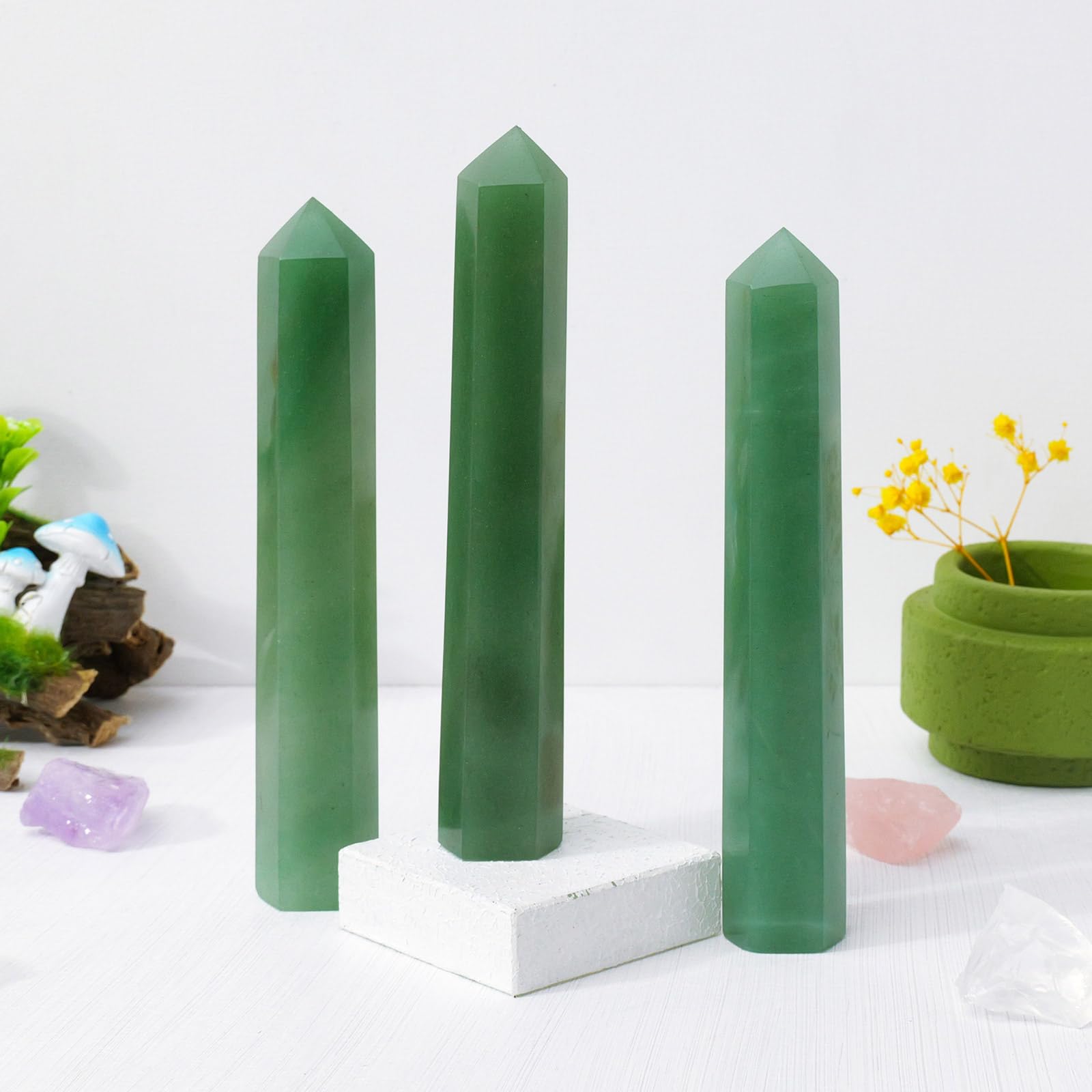 Apengshi 1PCS Natural Crystal Green Aventurine Tower 5.9-6.3 (15-16cm) 6 Faceted Single Point Prism Healing Crystal Wand for Med
