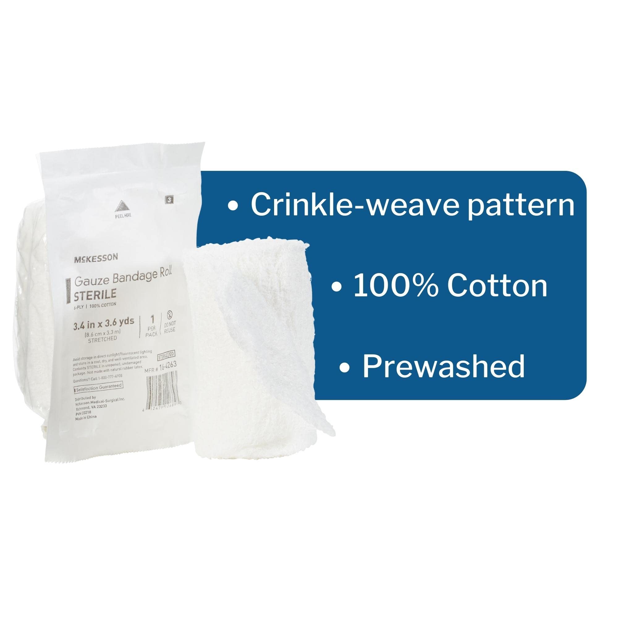 McKesson Gauze Bandage Rolls, Sterile, 6-Ply, 100% Cotton, 3 2/5 in x 3 3/5 in, 96 Count