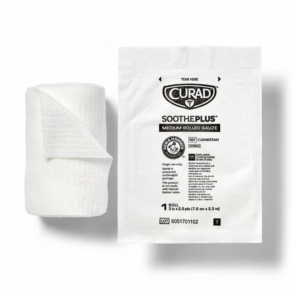Curad SoothePlus Rolled Gauze with Arm & Hammer Baking Soda, 3 x 2.5 yds, 5 count (Pack of 1)