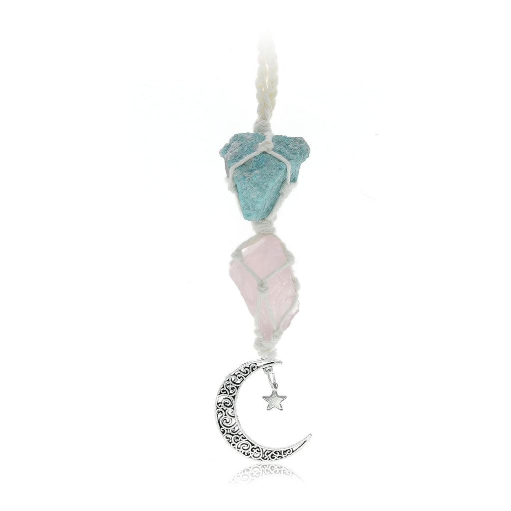 BOHO GARDEN Hanging Car Charm - Amazonite & Rose Quartz - Dangling Moon & Healing Crystal Accessories, Rearview Mirror Decoratio