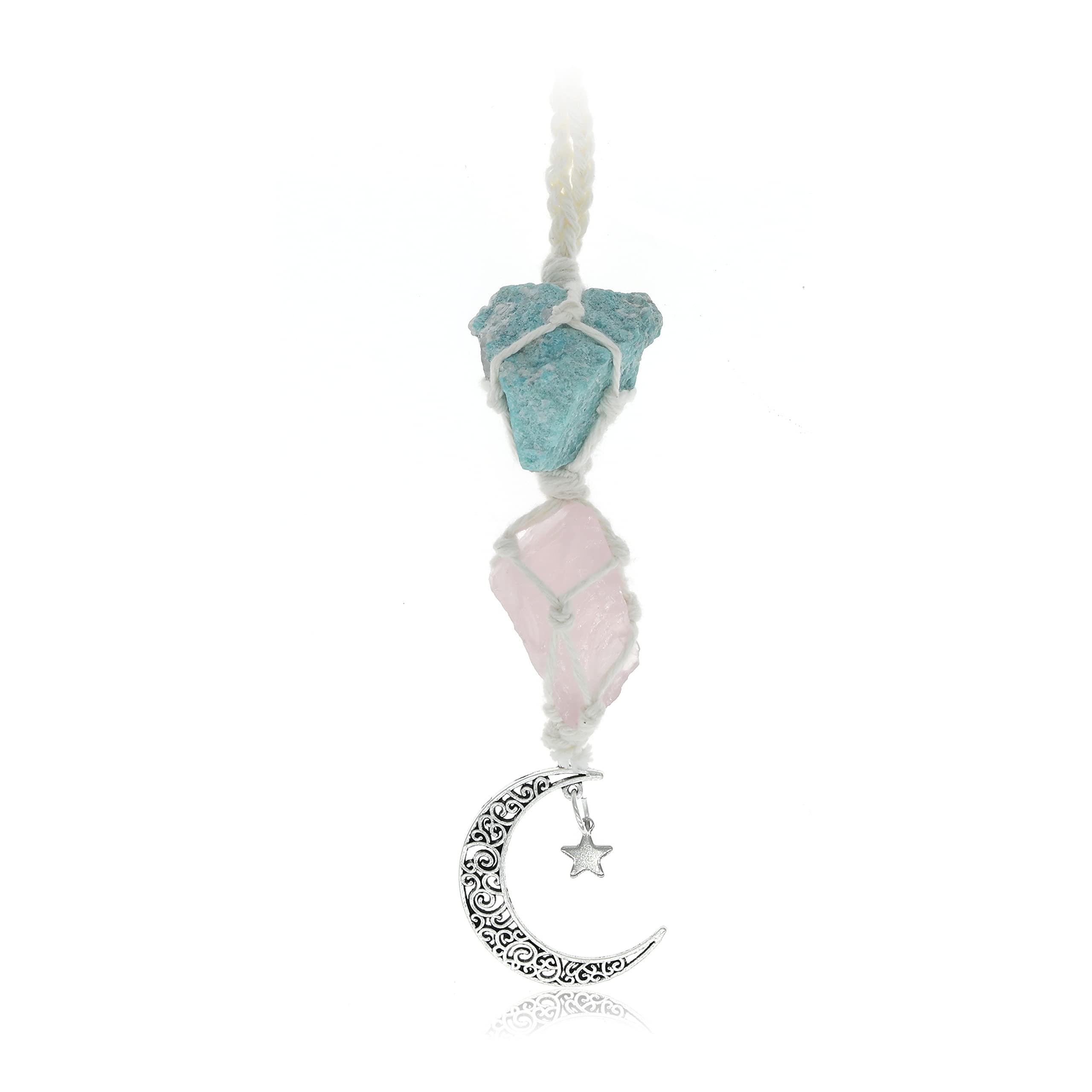 BOHO GARDEN Hanging Car Charm - Amazonite & Rose Quartz - Dangling Moon & Healing Crystal Accessories, Rearview Mirror Decoratio