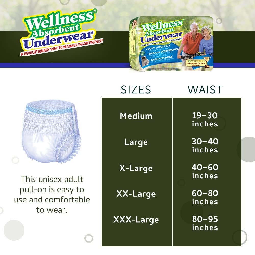 Unique Wellness-Absorbent Underwear (Pull-Ups) Size Medium (19-30 Waist) 64 Count