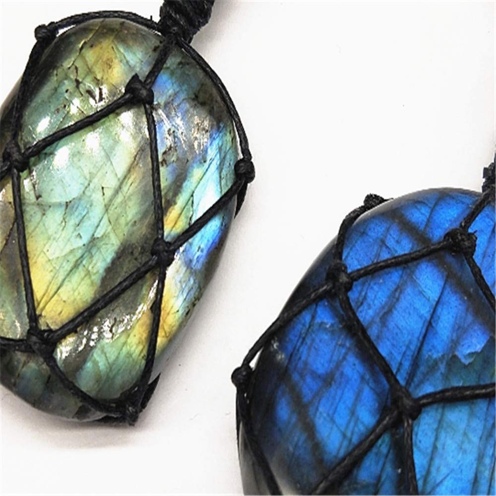 AITELEI Natural Labradorite Crystal Necklace Healing Chakra Pendant with Hand-Woven Rope Labradorite Palm Stone Moonstone Healin