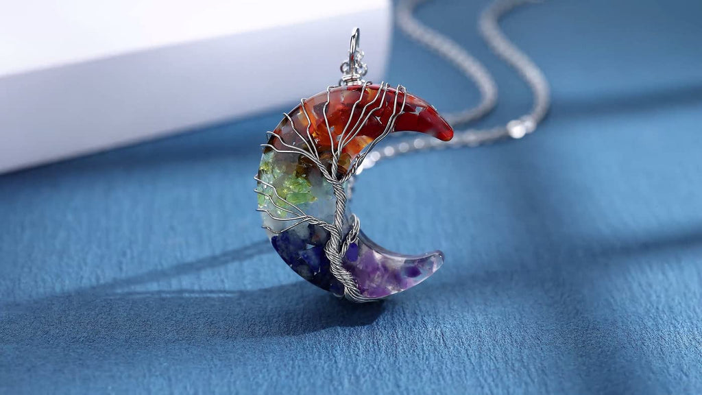 MAIBAOTA 7 Chakra Healing Crystal Necklace Gothic Necklaces for Women Crescent Moon Phase Stone Pendant Necklaces Natural Reiki