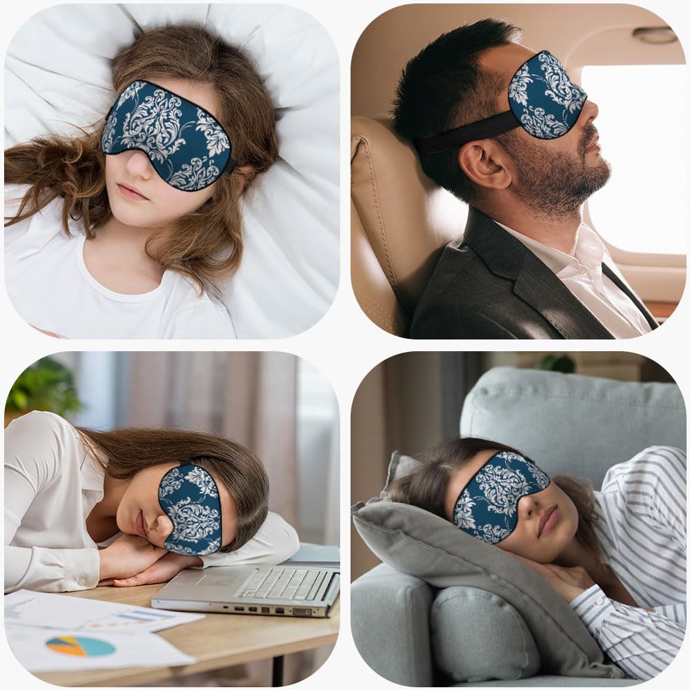 NOHSHE Floral Baroque Sleep Eye Mask Eye Cover Damask Ornament Flowers Elegant Blue Silk Eye Mask for Sleeping with Adjustable S