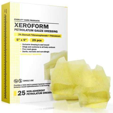 EVERLIT Xeroform Petrolatum Dressing | Sterile, Non-Adherent Occlusive Fine Mesh Gauze Pad | Non-Toxic, Gentle Patch for Burns, 