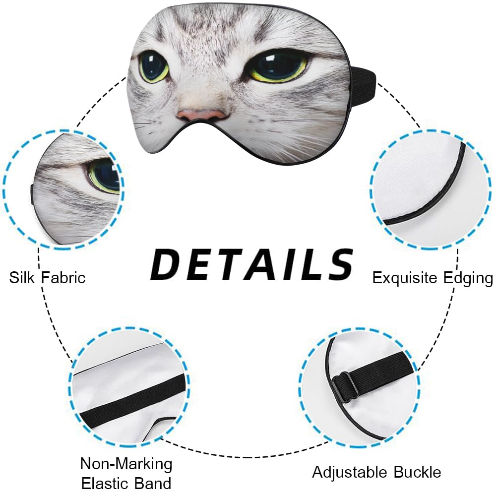 NOHSHE Cat Silk Eye Mask Sleep Mask Cute Funny Kitten Big Green Eyes Animal Pet Eye Mask with Adjustable Strap Lightweight for W