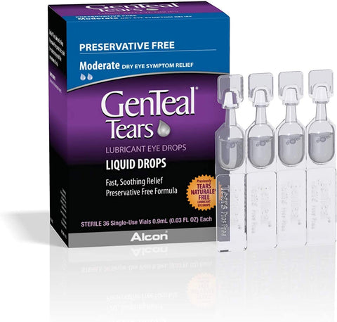 Alcon GenTeal Tears Lubricant Eye Drops, Moderate Liquid Drops, 36 Sterile, Single-Use Vials,2 Count