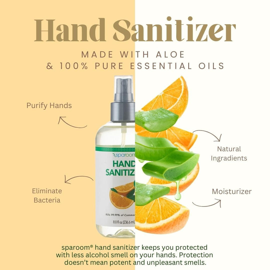 SpaRoom Hydrating Hand Sanitizer, 70% Alcohol with Aloe Vera & Essential Oils, Orange Scent, 8 Fl Oz Spray Bottle