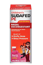 Sudafed PE Childrens Nasal Decongestant Liquid Raspberry, Non Drowsy - 4oz, Pack of 4
