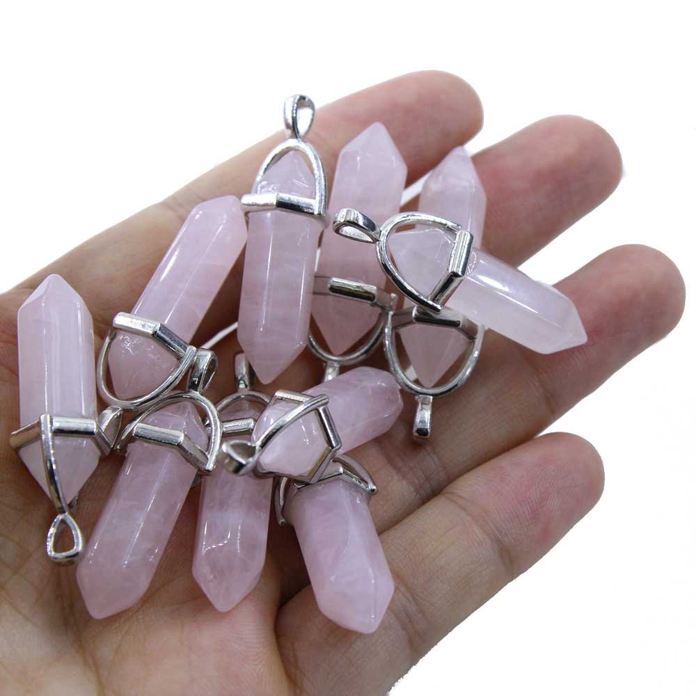 Rose Quartz Crystal 10 PCS Rose Quartz Point Hexagonal Healing Reiki Stone Pendant Bulk for Jewelry Making