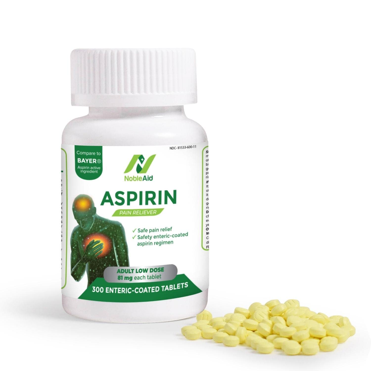 Pure Low Dose Baby Aspirin 81mg for Adults, 300 Count Enteric Coated Aspirin Tablets for Men and Women, Safe Relief for Symtoms 