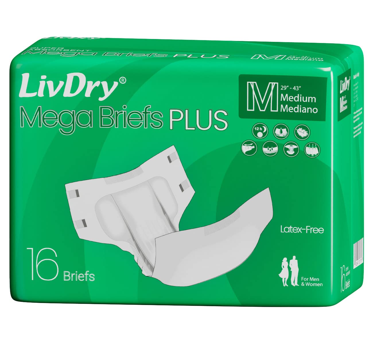 LivDry MegaBriefs Adult Diapers with Tabs, Max 12-Hour Capacity, Super Absorbent Incontinence Underwear, Leak Protection Briefs,