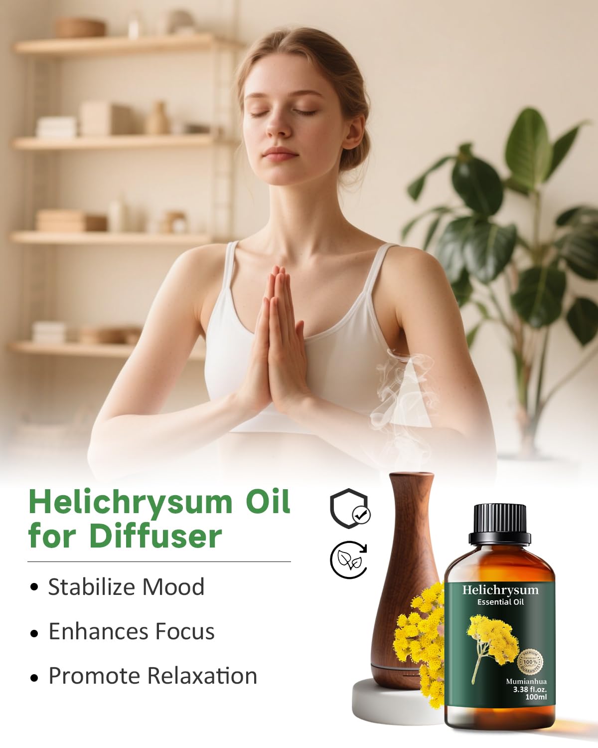 Mumianhua 100% Pure Helichrysum Essential Oil Undiluted & Natural Helichrysum Oil for Home Diffusers, Massages, DIY, Skin, Self-