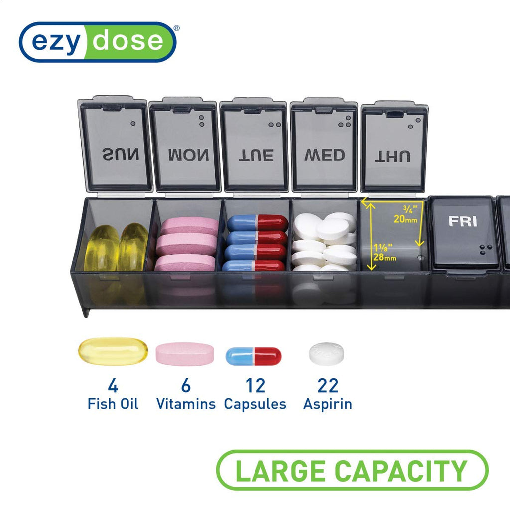 EZY DOSE Weekly (7-Day) Pill Case, Medicine Planner, Vitamin Organizer Box, Convenient and Easy to Use, Large Compartments, Trav