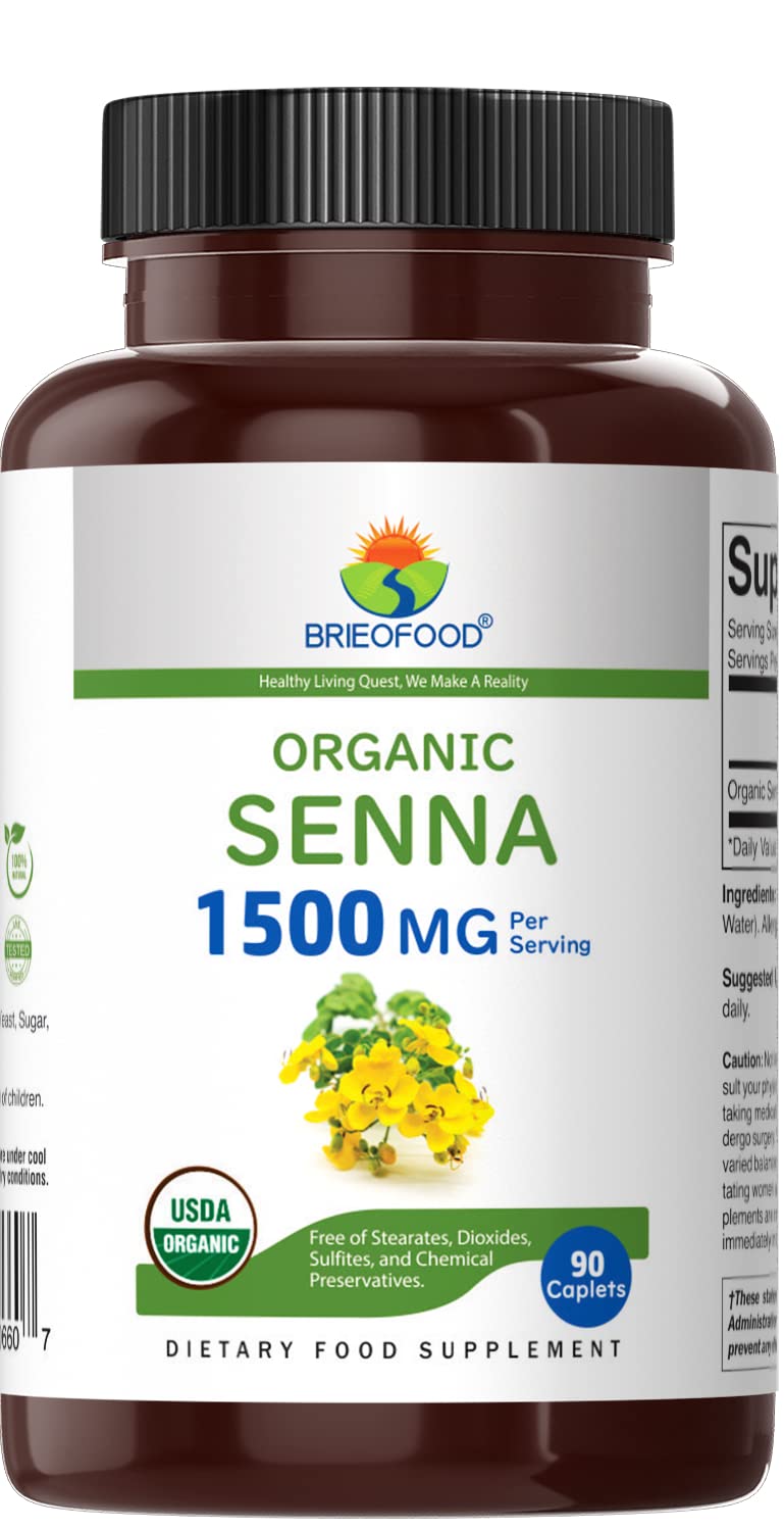 Brieofood Organic Senna 1500mg, 45 Servings, Vegetarian, Gluten Free, 90 Vegetarian Tablets
