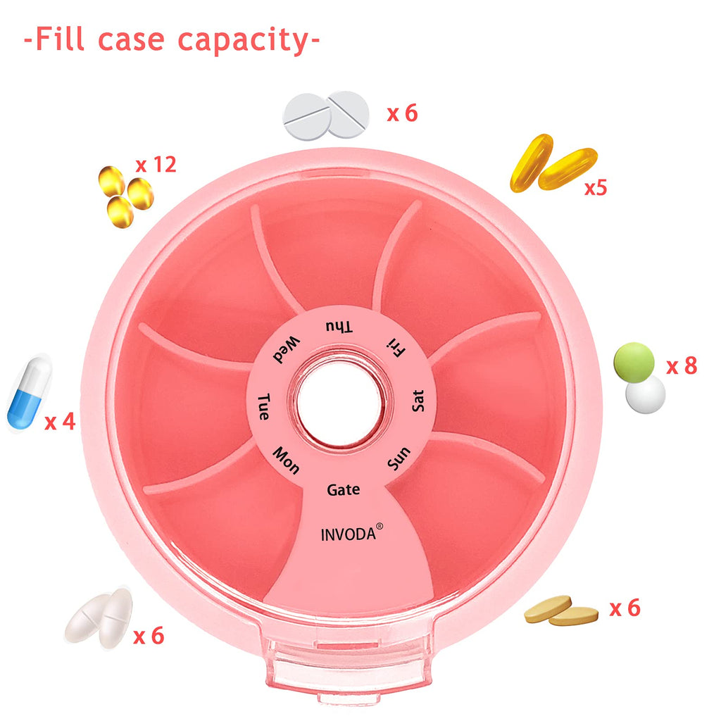 Pill Organizer Travel Pill Cases Weekly Cute Round Pill Box Purse Pill Container Portable Small Medicine Organizer (Pink+Bag)