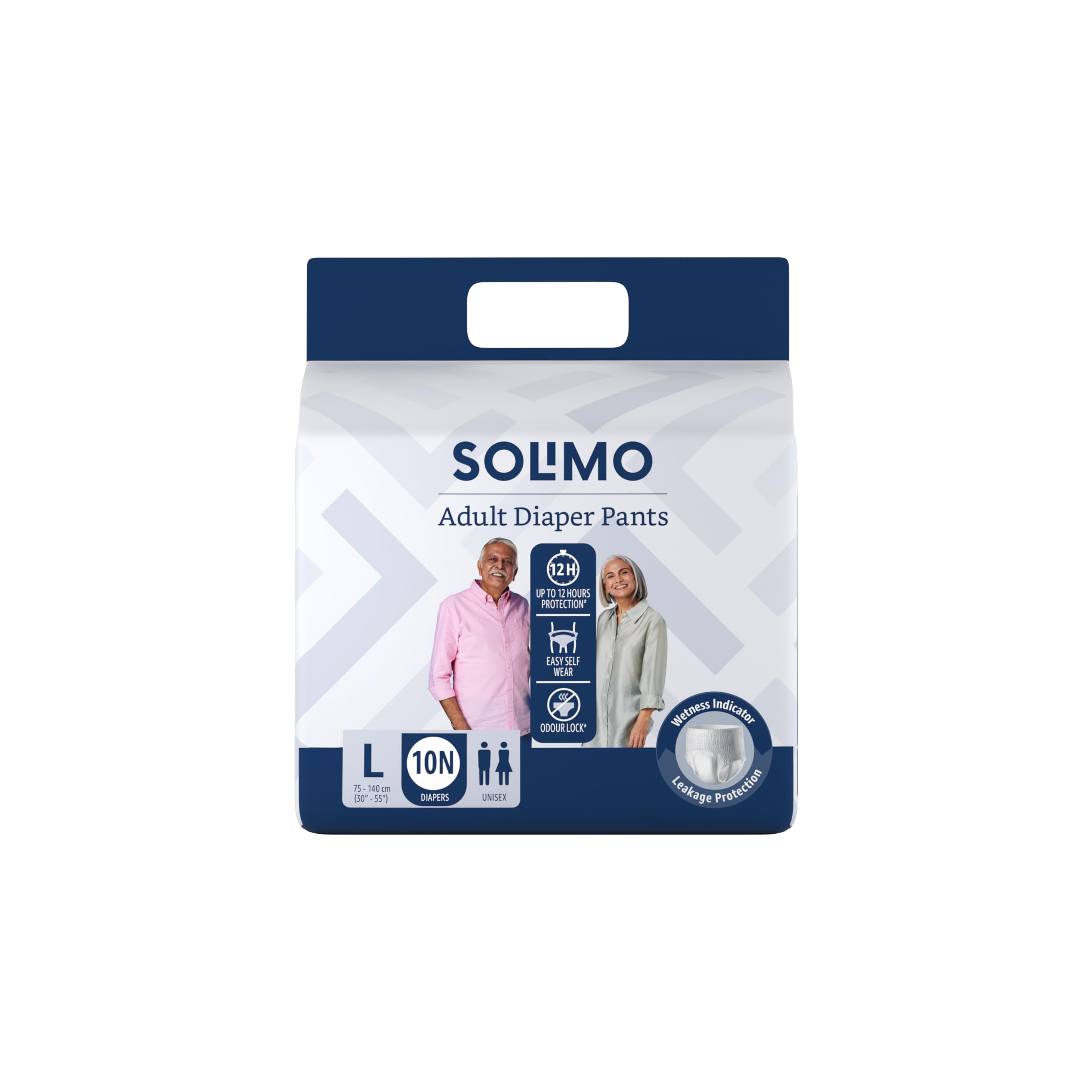 Amazon Brand  Solimo Adult Diapers Pant Style | Large Size | 10 Count | Waist 3055 Inch (75140 Cm) | Unisex | Fast Absorption
