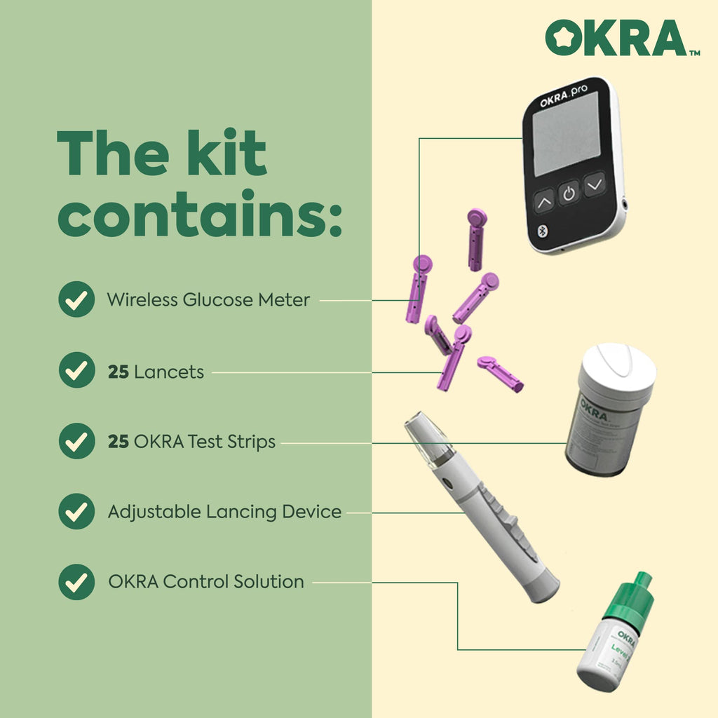 OKRA PRO Blood Sugar Monitor Kit - 5s Fast Glucose Results, No Coding, Strip Ejection, App for Tracking, 25 Test Strips, Home Di
