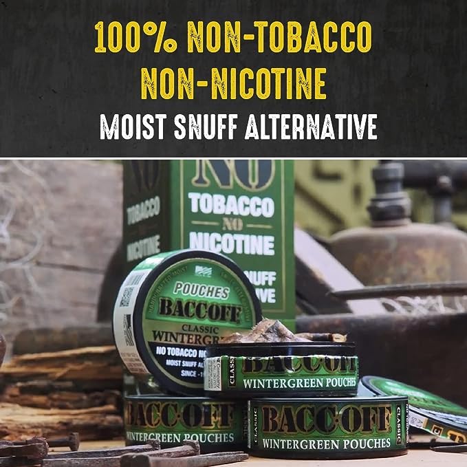 10 Cans, BaccOff Wintergreen Pouches | No Tobacco Dip, No Nicotine, Smokeless Alternative Snuff