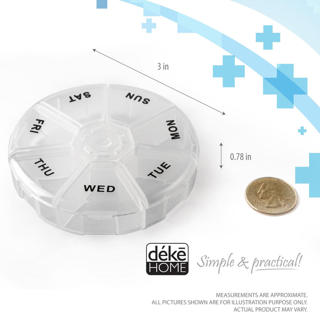 Deke Home - Round Portable Pill Box, Medicine Planner, Small 7 Day Weekly Travel Container, Medication, Vitamin Holder, Pillbox