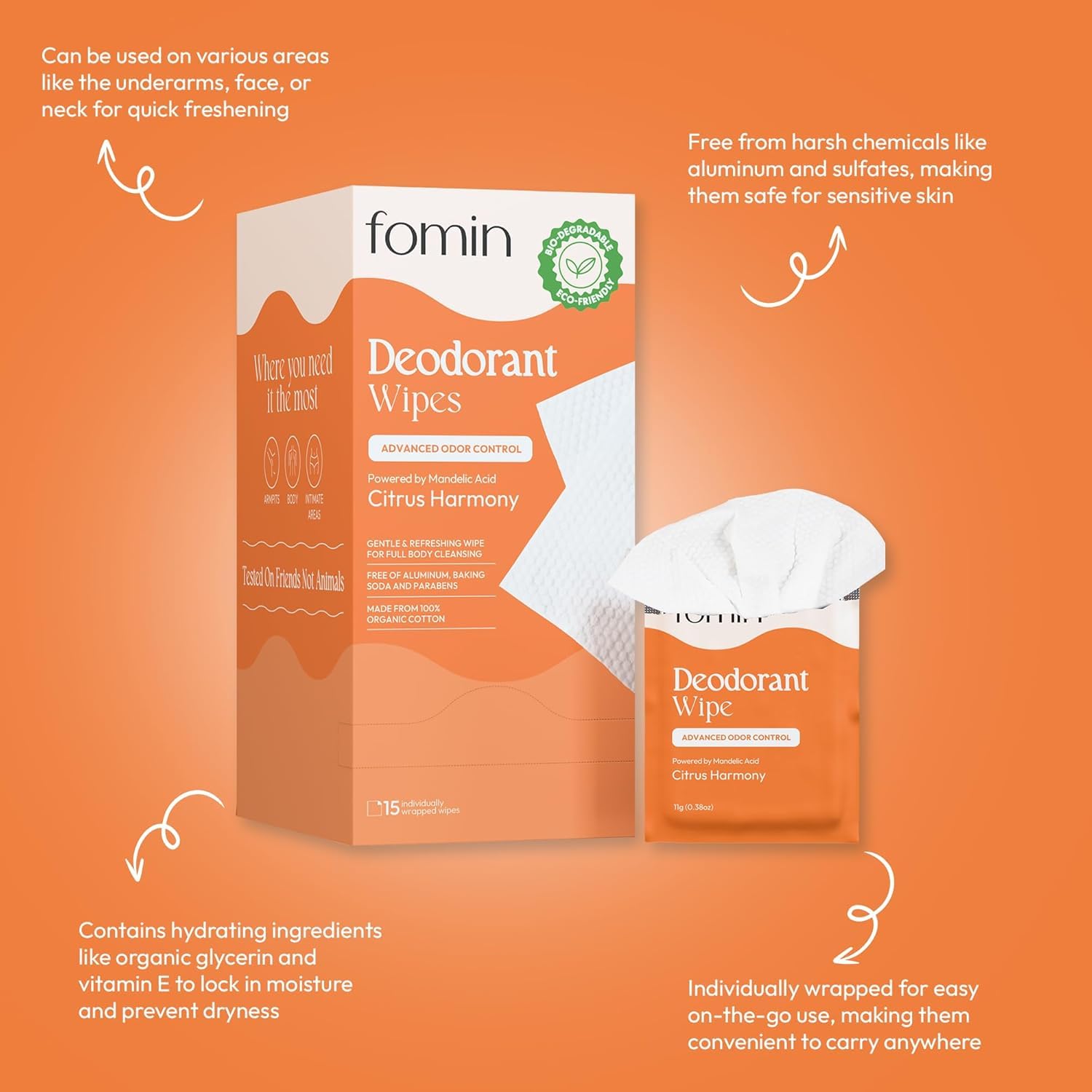 FOMIN Acidified Travel Deodorant Wipes For Women & Men - 50 Count - Citrus Harmony - pH Balanced, Mini Deodorant Travel Size Wip