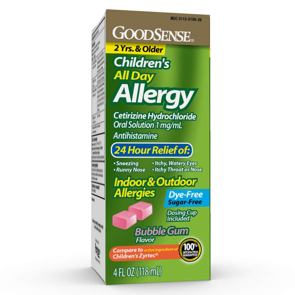 GoodSense Childrens All Day Allergy Relief, Cetirizine Hydrochloride Oral Solution 1 mg/mL, Bubble Gum Flavor, Dye Free, Sugar 