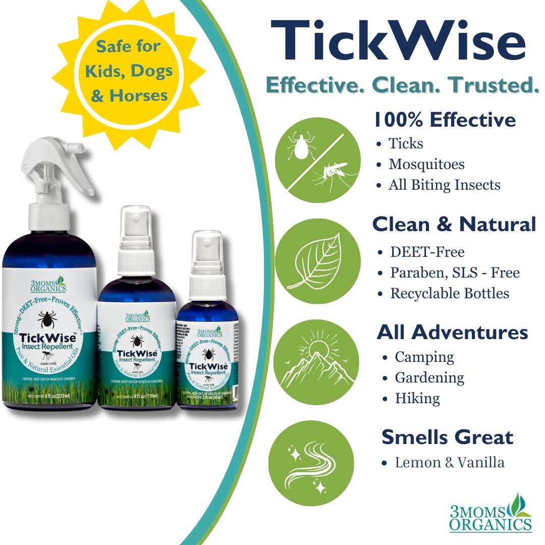3 Moms Organics TickWise | DEET- Free, Tick and Insect Repellent | Plant Based Essential Oils and All Natural Ingredients | Safe