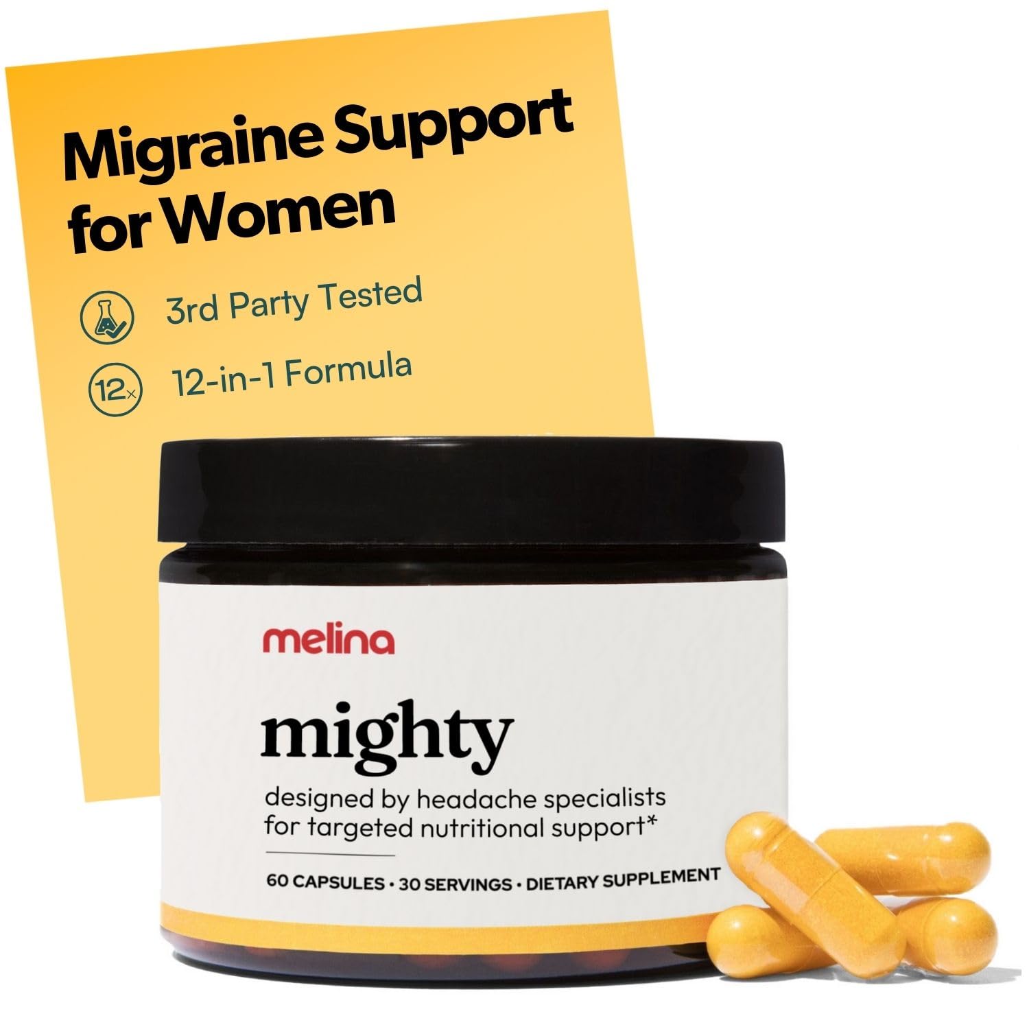 Melina Mighty Natural Migraine Relief Supplement - Magnesium, B2 Riboflavin 400mg, Feverfew, CoQ-10, ALCAR to Strengthen Migrain