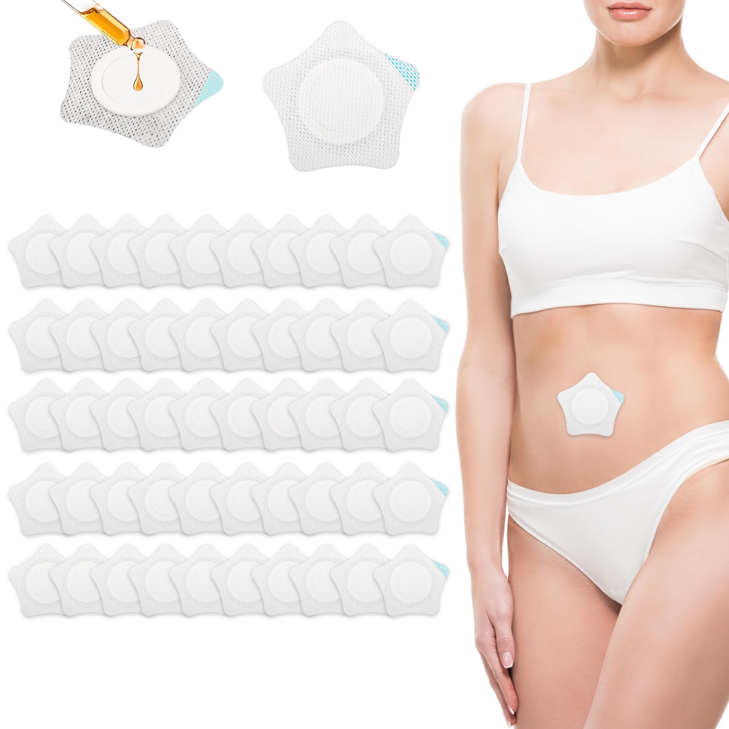 50pcs Castor Oil Pack Wrap for Belly Button, 2.95 Inch Pentagram Self-Adhesive Castor Stickers Pads Highly Absorbent Belly Butto
