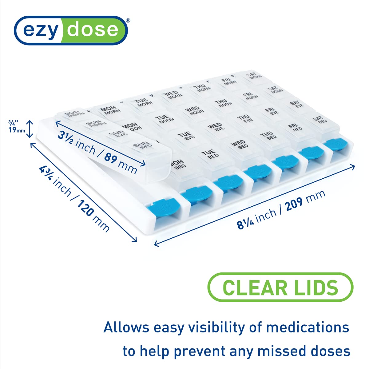 EZY DOSE Weekly (7-Day) Pill Case, Medicine Planner, Vitamin Organizer Box, 4 Times a Day, Small Removable Compartments, Covenie
