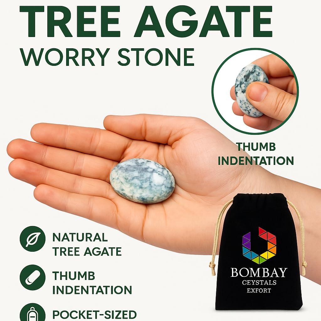 Tree Agate Worry Stone - Genuine Polished Palm & Thumb Stone for Inner Peace, Grounding, Heart Chakra & Travel Mindfulness Gift