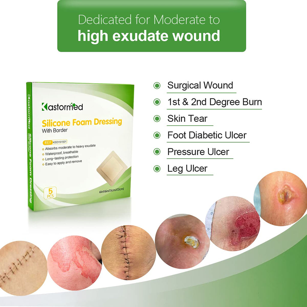 Silicone Foam Dressing, Waterproof Wound Dressing with Gentle Adhesive Border, 5 Layer High Absorbency Foam Bandages for Wound C