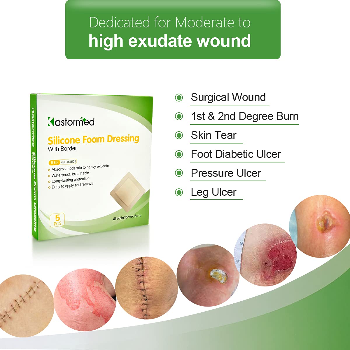 Silicone Foam Dressing, Waterproof Wound Dressing with Gentle Adhesive Border, 5 Layer High Absorbency Foam Bandages for Wound C