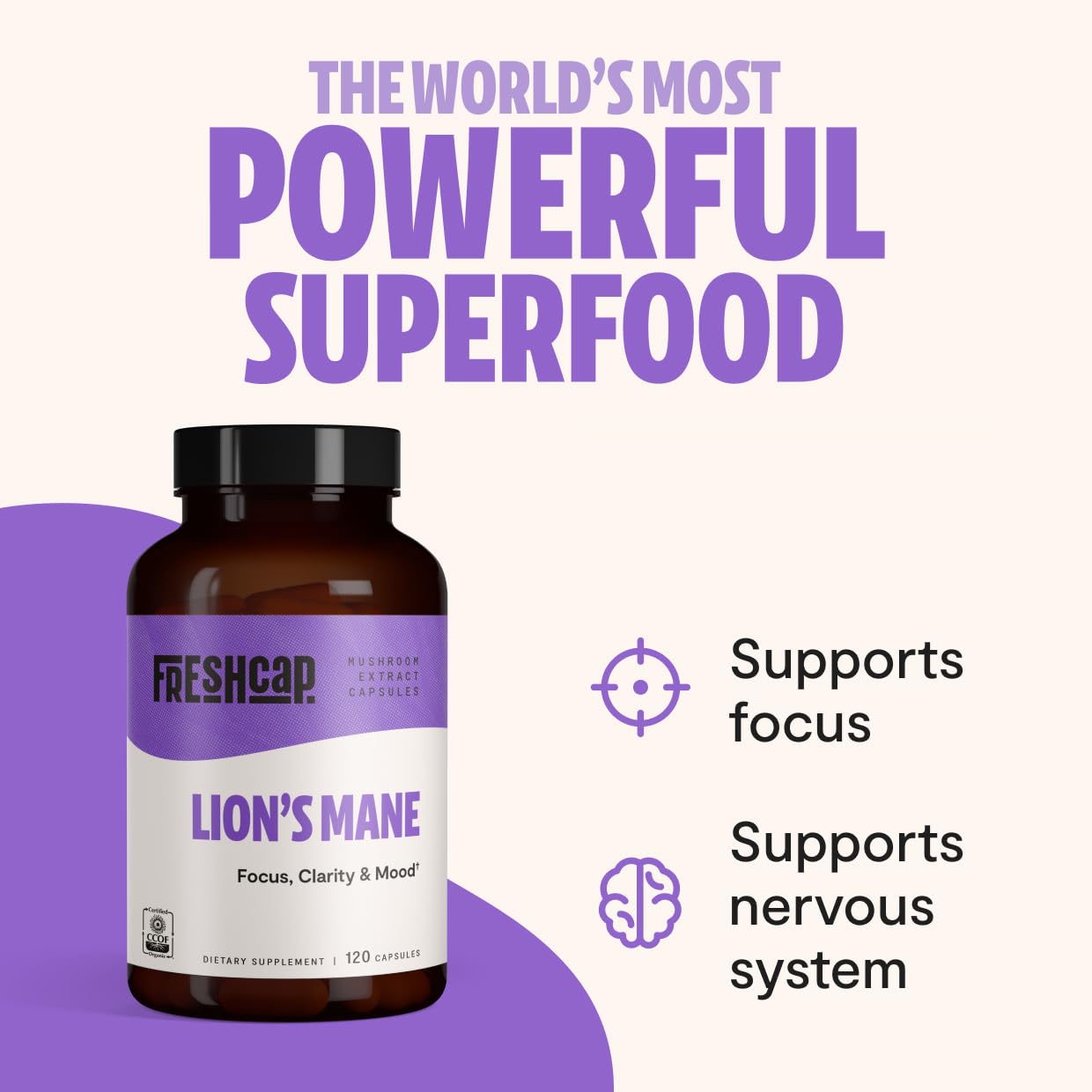 FreshCap Lions Mane Supplement Capsules - Ayurveda Premium USDA Organic Dual Extracted Mushrooms - Third Party Tested - Whole Fr