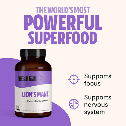 FreshCap Lions Mane Supplement Capsules - Ayurveda Premium USDA Organic Dual Extracted Mushrooms - Third Party Tested - Whole Fr