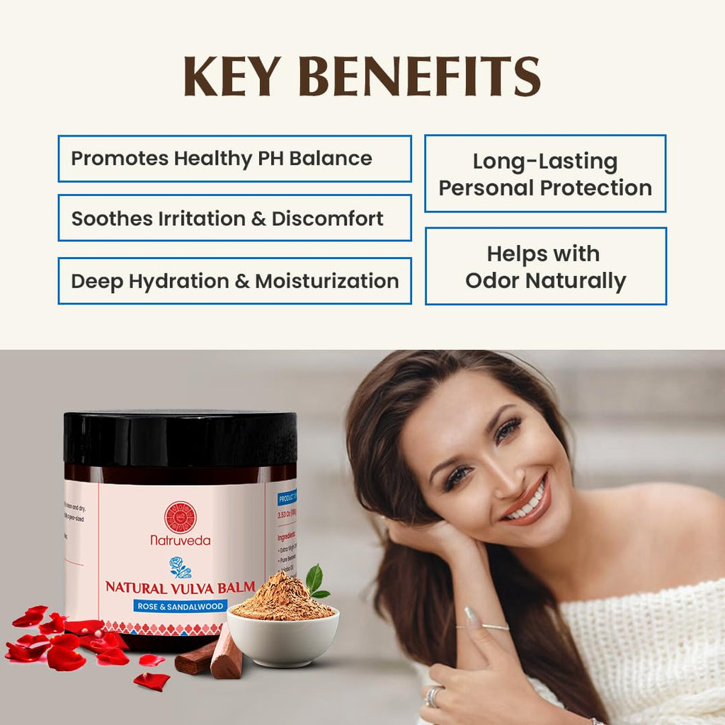 Natruveda Natural Vulva Balm with Pure Virgin Coconut Oil & Beeswax | Odor Control & Intimate Care | Rose & Sandalwood Vulva Bal