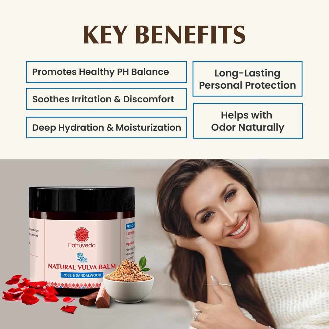 Natruveda Natural Vulva Balm with Pure Virgin Coconut Oil & Beeswax | Odor Control & Intimate Care | Rose & Sandalwood Vulva Bal