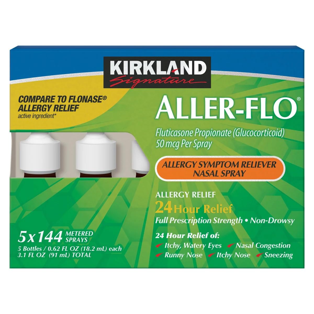 Kirkland Signature Aller-Flo Fluticasone Propionate (Glucorticoid) 5 Bottles x 144 Metered Sprays 0.62 Fl OZ per Bottle, 700 Tot