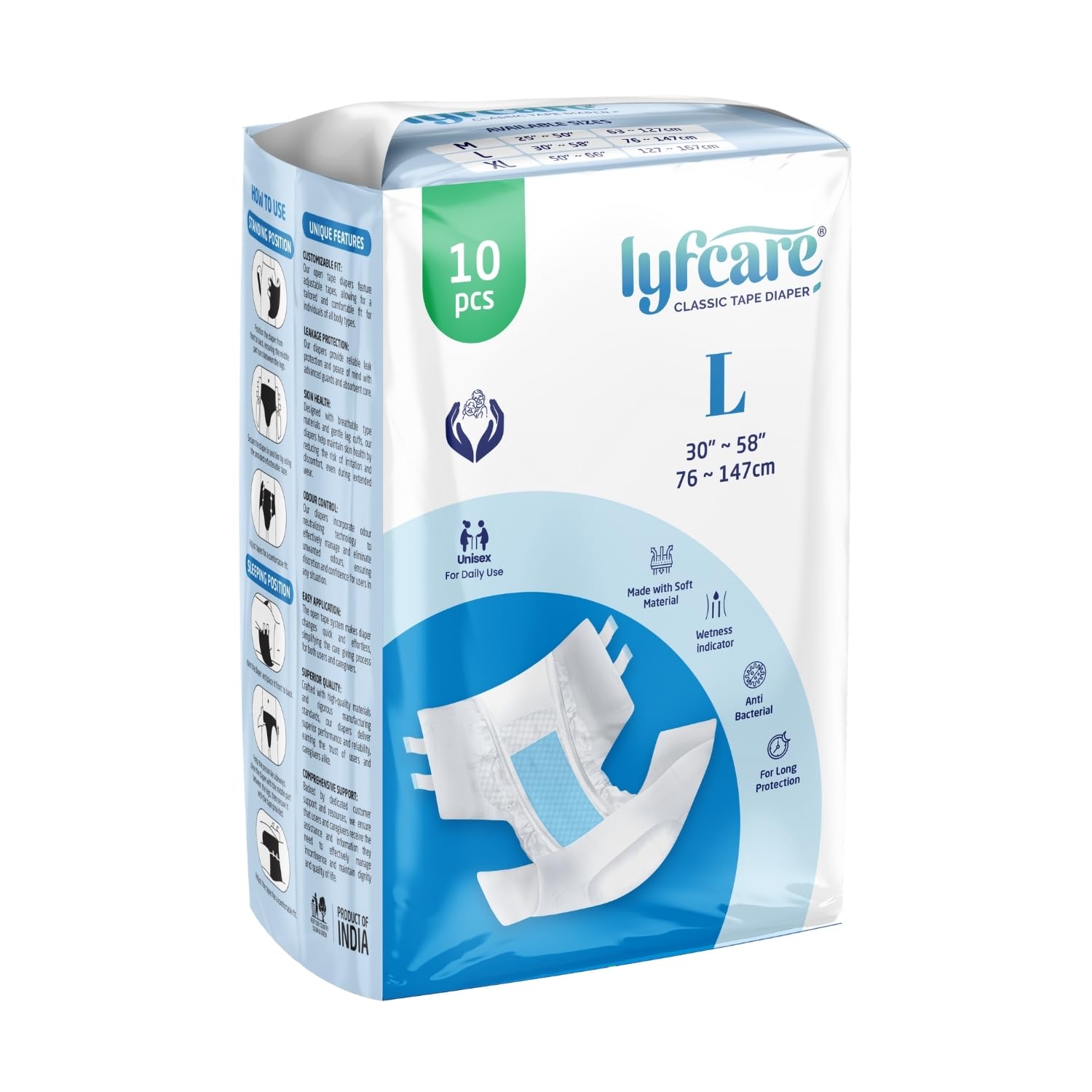 Lyfcare Open Tape Adult Diaper Large Size (L)  10 Units | Unisex Diapers Open Tape Style | Waist (76147 Cm) | Wetness Indicato