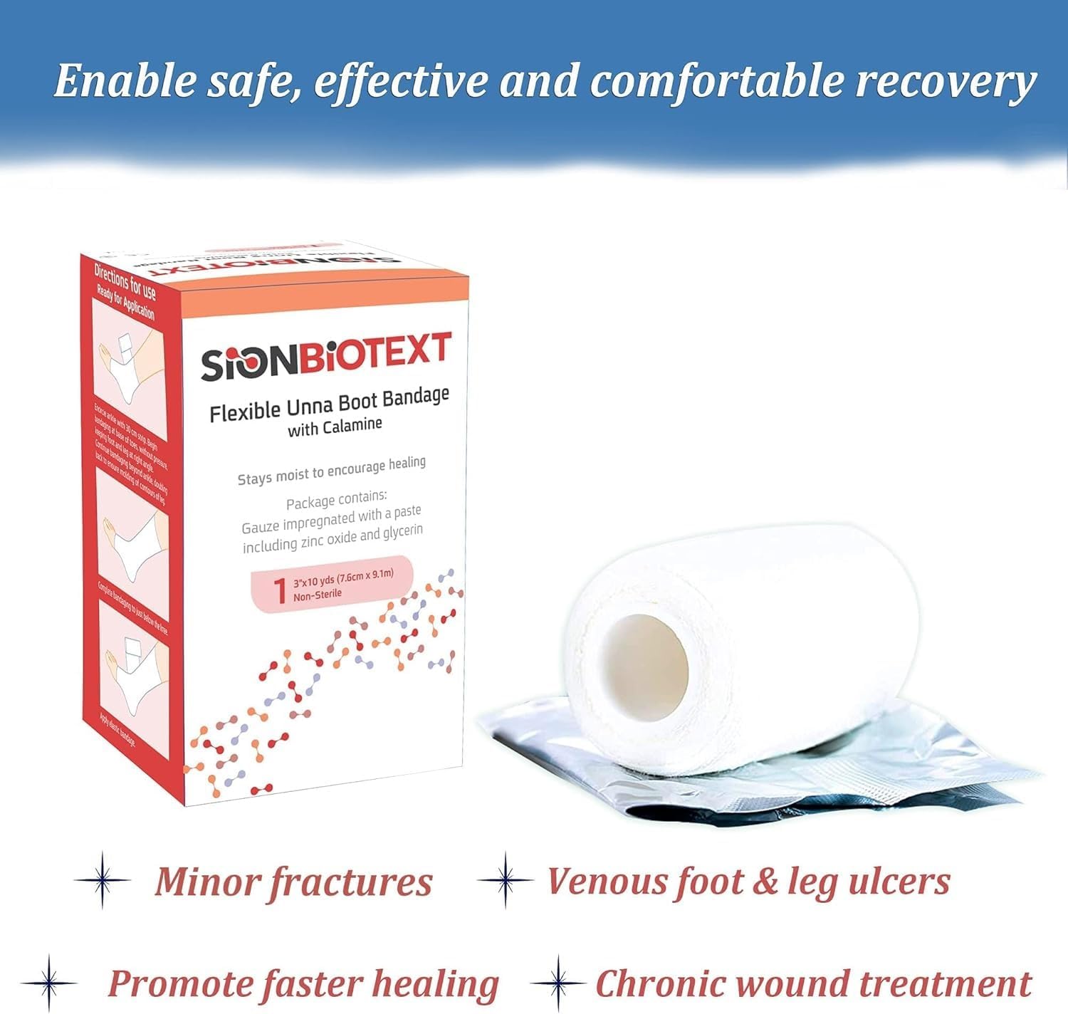 Sion Biotext Unna Boot with Zinc and Calamine - 3    x 10 Yards Flexible Compression Bandage - Moist Healing Environment - Ideal