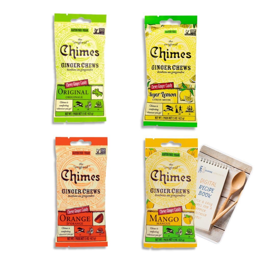Chimes Ginger Chews Variety Pack of 4 Bundle - 1 of each (Original, Mango, Lemon & Orange) 6 oz total Low Calorie, Vegan, GF, Or