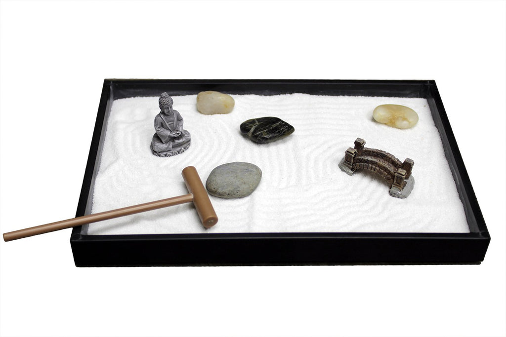 Natures Mark Mini Zen Garden Kit for Desk with Rake, White Sand, Buddha Figures, Bridge Figure and River Rocks, Black Rectangle