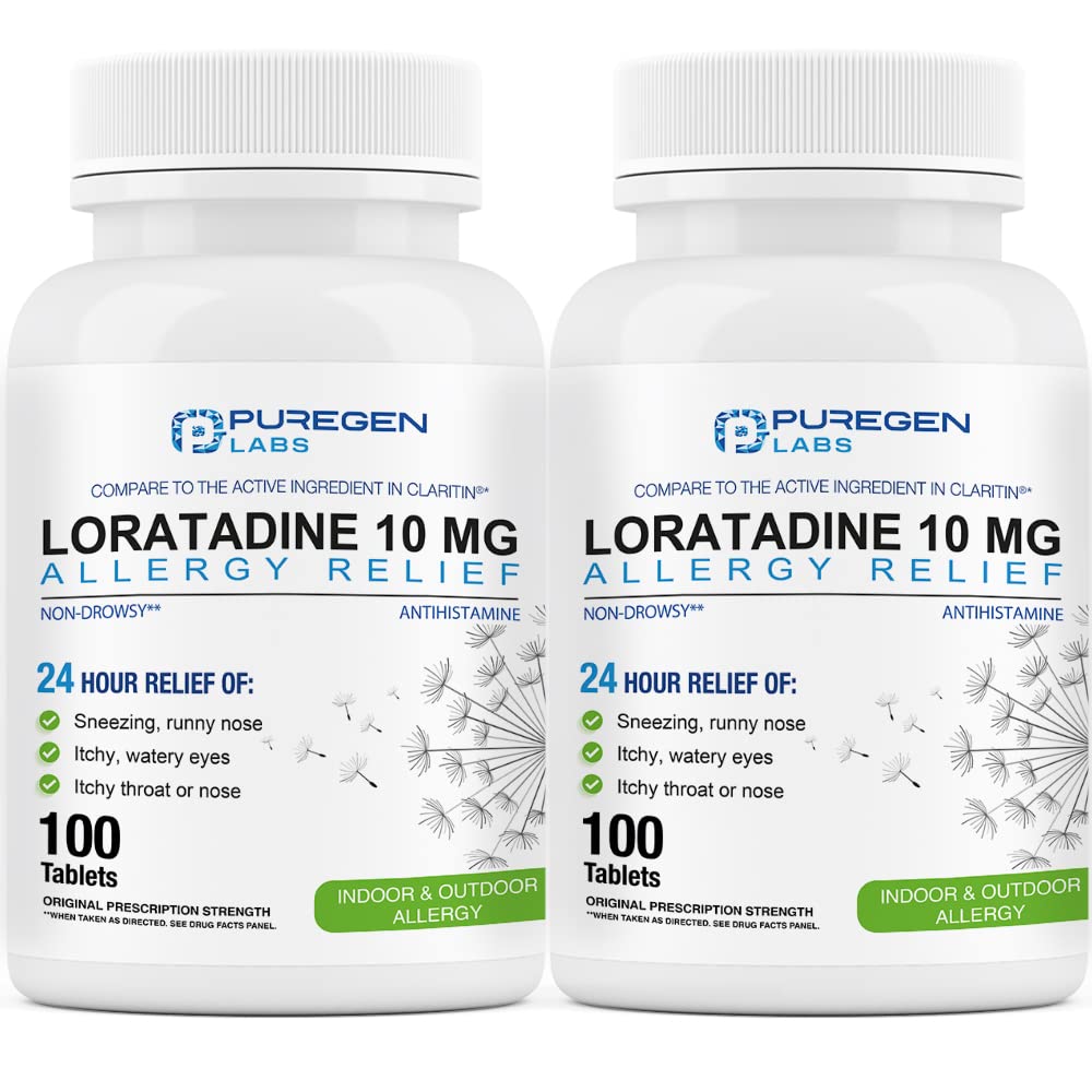Puregen Labs Allergy Relief, Loratadine 10mg 2 Pack - 200 Tablets Total - 24 Hour Non-Drowsy Antihistamine Allergy Medicine for 