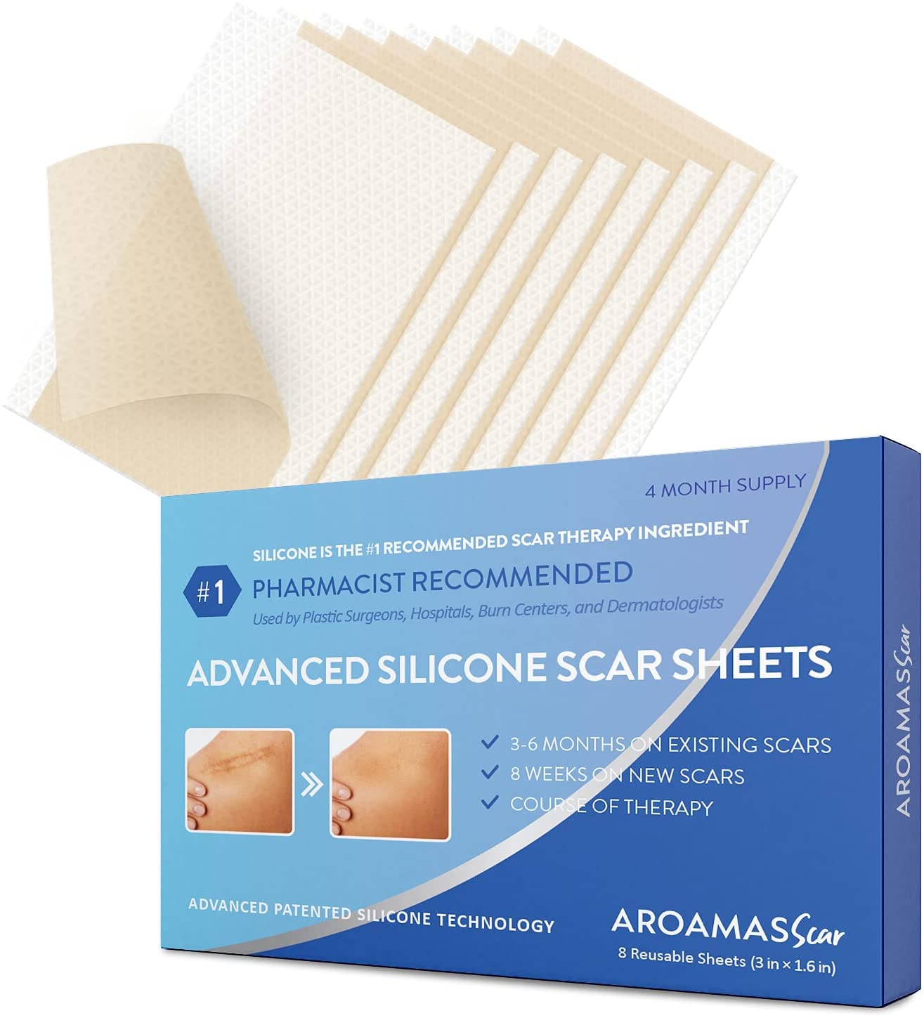 Aroamas Scar Professional Soft Silicone Scar Sheets Strips, Soften and Flattens Scars Resulting from Surgery, Injury, Burns, C-S